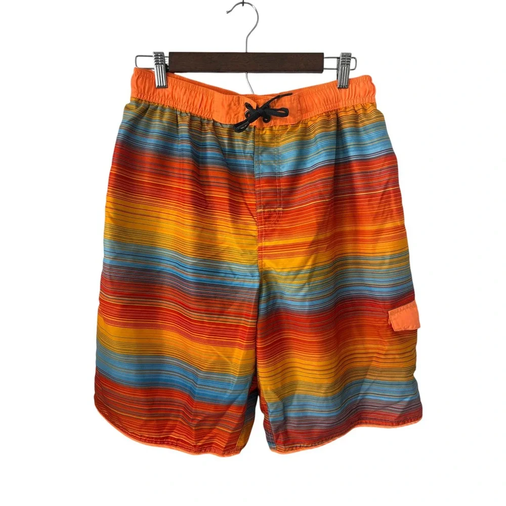 Nike Mens Orange Striped Swim Trunks Board Shorts Mesh Lined NESS5380 Large